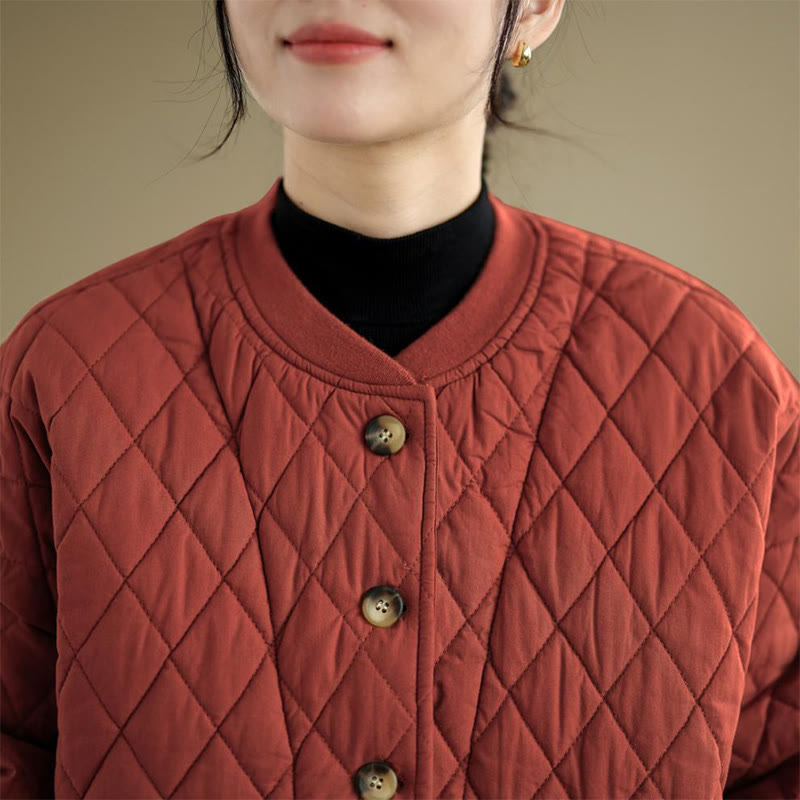 Buddha Stones Diamond Grid Pattern Women's Long Sleeve Cotton Thickened Jacket With Pockets - image 17