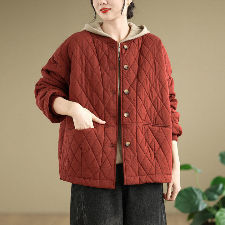 Buddha Stones Diamond Grid Pattern Women's Long Sleeve Cotton Thickened Jacket With Pockets - DarkRed - US12，UK/AU16，EU44 (3XL) - image 11
