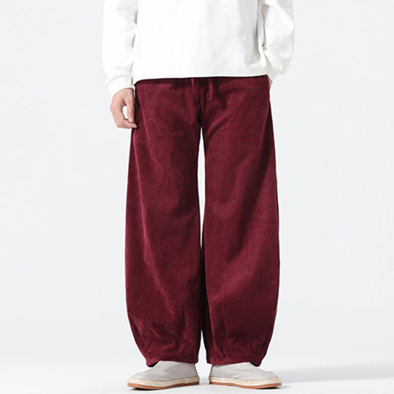 Buddha Stones Spring Pure Color Drawstring Design Corduroy Cotton Men's Harem Pants With Pockets - image 18