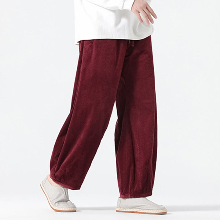 Buddha Stones Spring Pure Color Drawstring Design Corduroy Cotton Men's Harem Pants With Pockets - image 22
