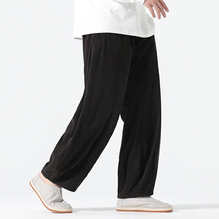 Buddha Stones Spring Pure Color Drawstring Design Corduroy Cotton Men's Harem Pants With Pockets - image 13