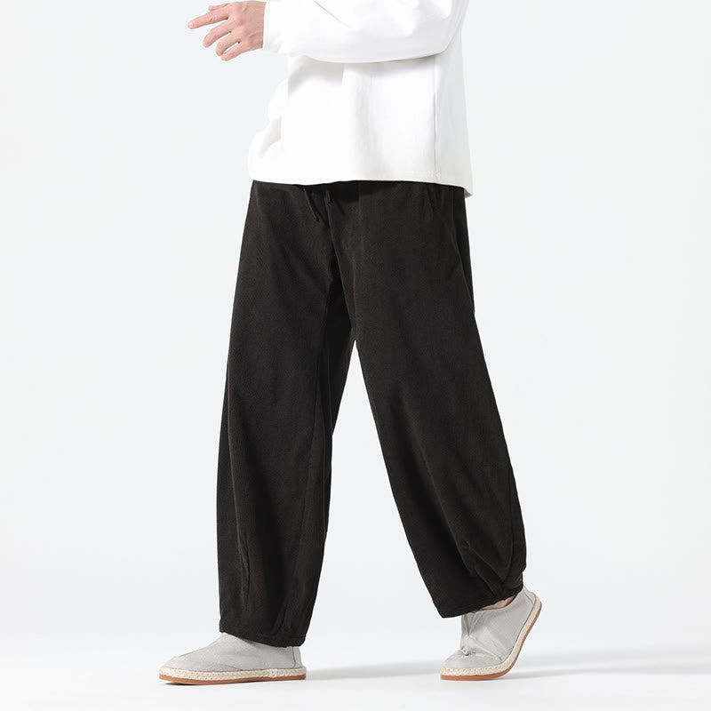 Buddha Stones Spring Pure Color Drawstring Design Corduroy Cotton Men's Harem Pants With Pockets - Black - US/UK/AU46，EU56 (5XL) - image 9