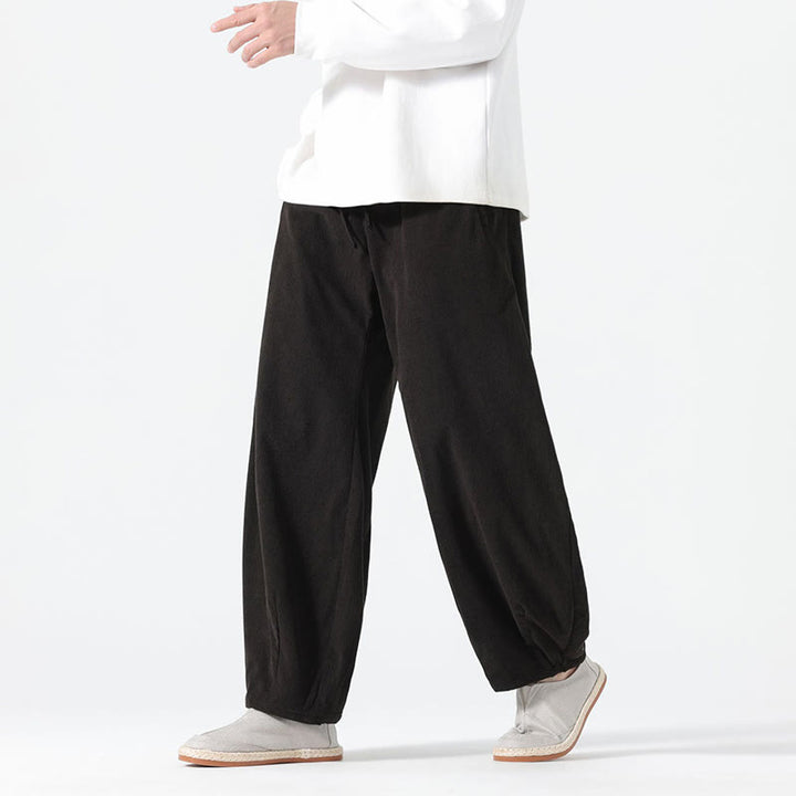 Buddha Stones Spring Pure Color Drawstring Design Corduroy Cotton Men's Harem Pants With Pockets - Black - US/UK/AU46，EU56 (5XL) - image 9