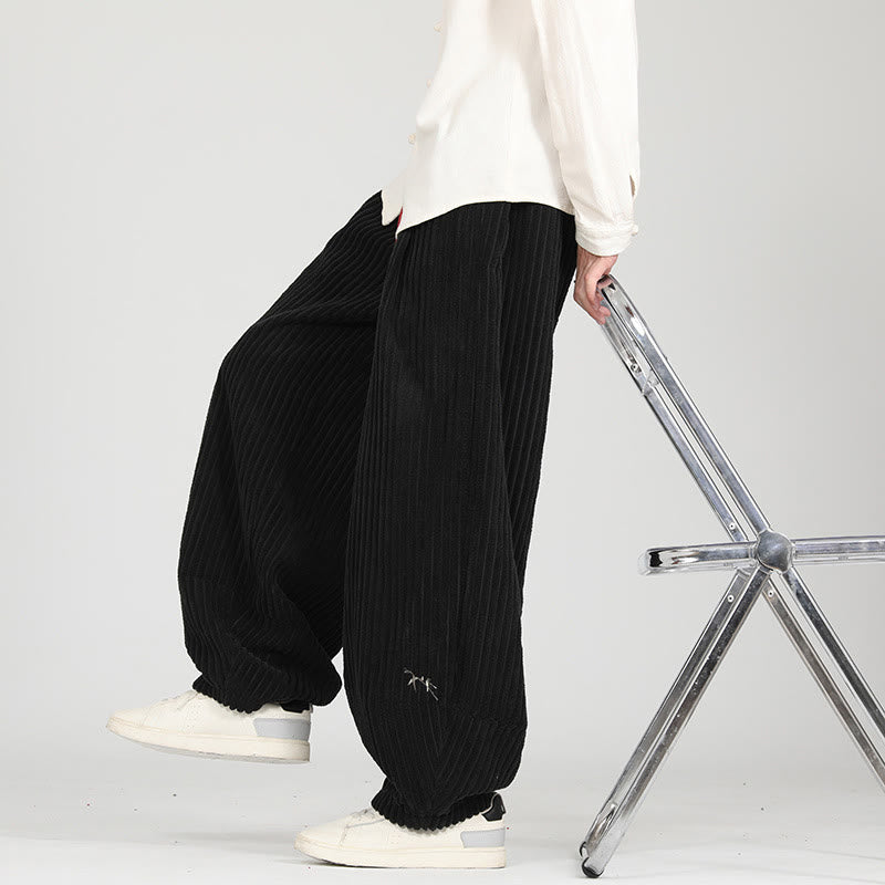 Buddha Stones Color Contrast Drawstring Design Cotton Men's Harem Corduroy Pants With Pockets - Black - US/UK/AU46，EU56 (5XL) - image 1