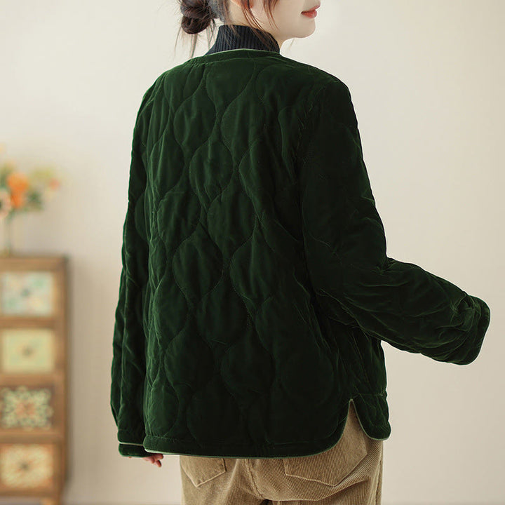 Buddha Stones Diamond Pattern Short Style Women's Long Sleeve Thickened Jacket With Pockets - image 5