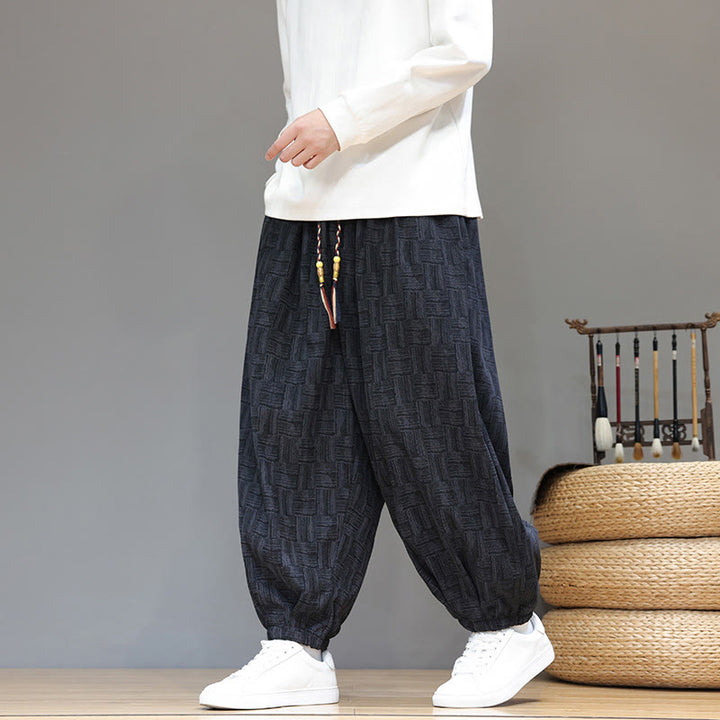 Buddha Stones Fall Jacquard Plaid Pattern Cotton Corduroy Men's Harem Pants With Pockets - Black - US/UK/AU46，EU56 (5XL) - image 1
