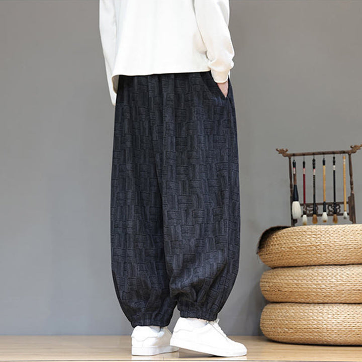 Buddha Stones Fall Jacquard Plaid Pattern Cotton Corduroy Men's Harem Pants With Pockets - image 3