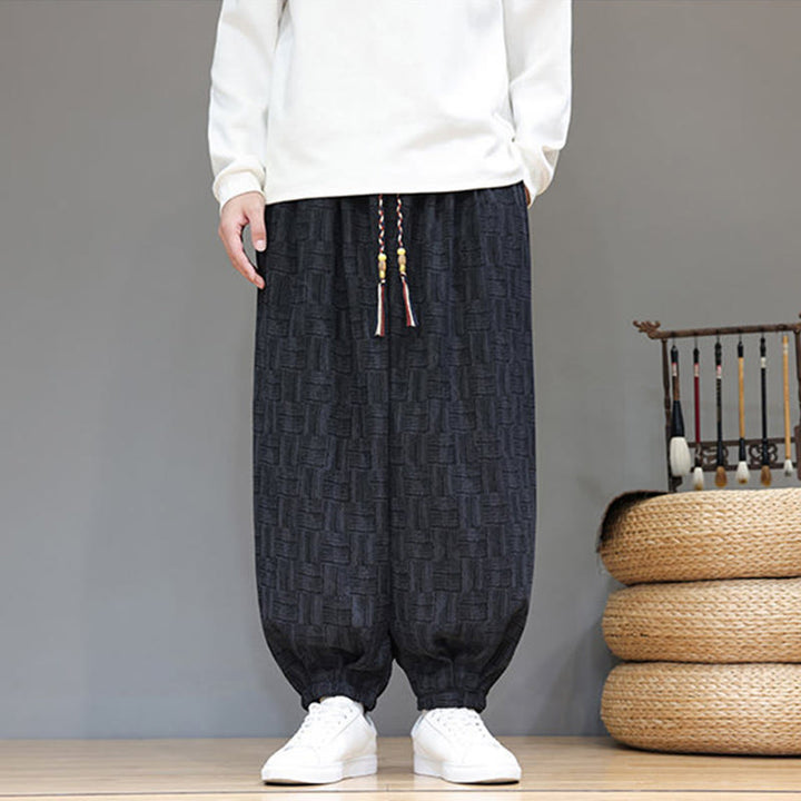 Buddha Stones Fall Jacquard Plaid Pattern Cotton Corduroy Men's Harem Pants With Pockets - image 6