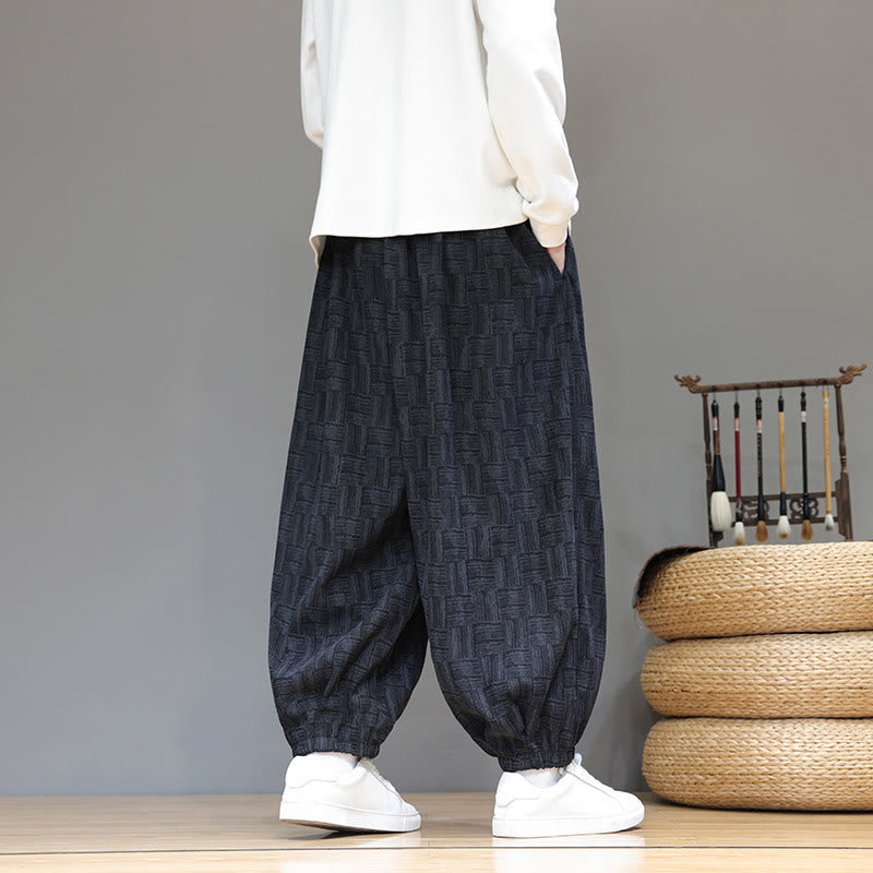 Buddha Stones Fall Jacquard Plaid Pattern Cotton Corduroy Men's Harem Pants With Pockets - image 7