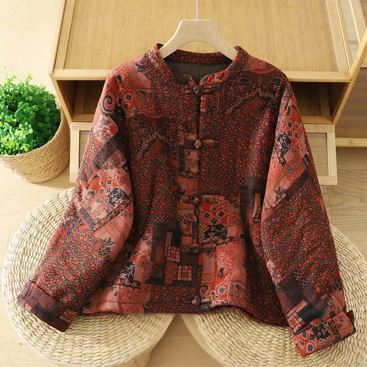 Buddha Stones Women's Ethnic Floral Long Sleeve Frog-buttons Cotton Thermal Jacket - FireBrick - US12，UK/AU16，EU44 (XL) - image 0
