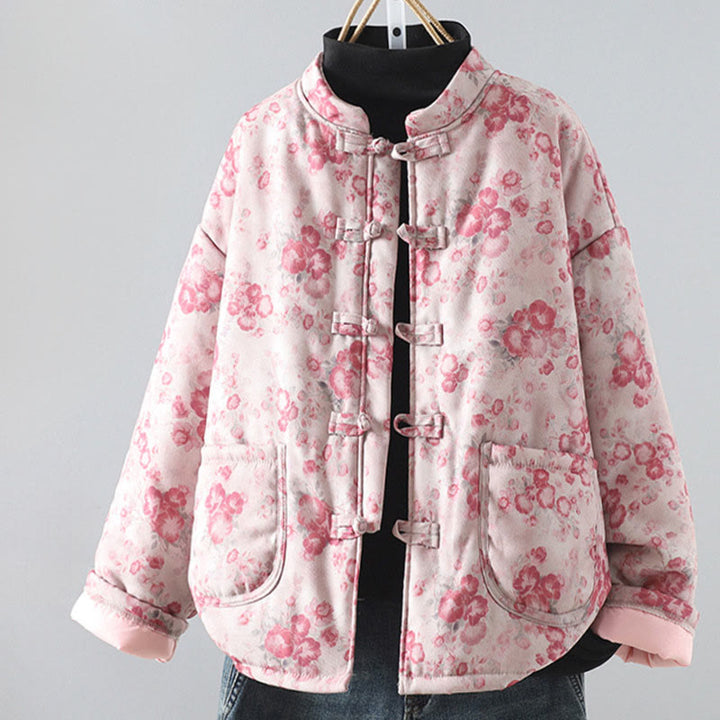 Buddha Stones Women's Commute LightPink Printing Floral Frog-buttons Cotton Long Sleeve Jacket - LightPink - US12，UK/AU16，EU44 (2XL) - image 0
