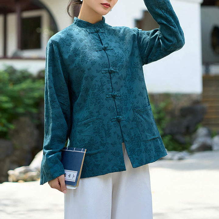 Buddha Stones Frog-Button Long Sleeve Cotton Jacquard Women's Shirt Pants With Pockets - Blue Shirt - US8-10，UK/AU12-14，EU40-42 (2XL) - image 0