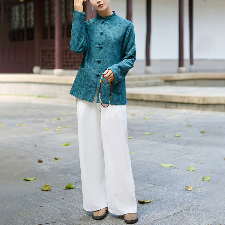 Buddha Stones Frog-Button Long Sleeve Cotton Jacquard Women's Shirt Pants With Pockets - image 5