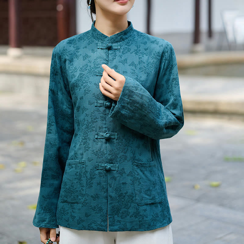 Buddha Stones Frog-Button Long Sleeve Cotton Jacquard Women's Shirt Pants With Pockets - image 1