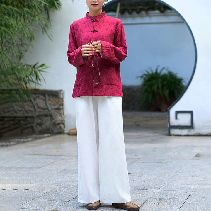 Buddha Stones Frog-Button Long Sleeve Cotton Jacquard Women's Shirt Pants With Pockets - image 16