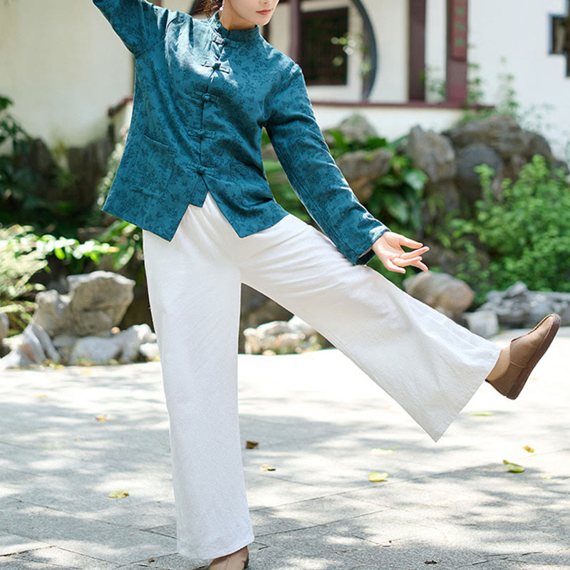 Buddha Stones Frog-Button Long Sleeve Cotton Jacquard Women's Shirt Pants With Pockets - image 7