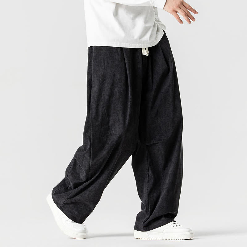 Buddha Stones Winter Drawstring Corduroy Cotton Men's Wide Leg Pants With Pockets - image 33