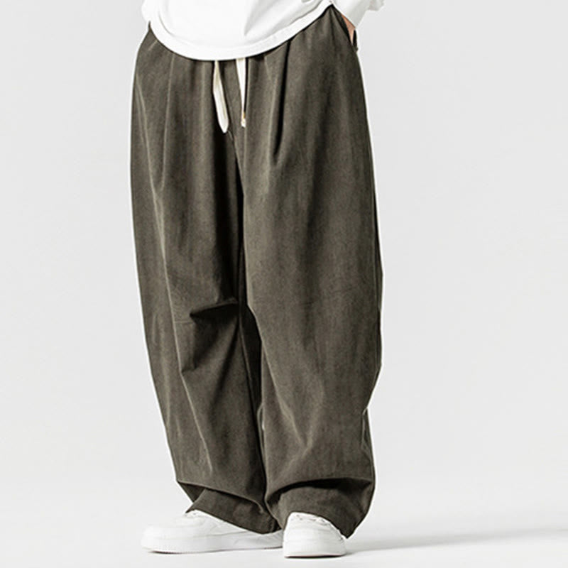 Buddha Stones Winter Drawstring Corduroy Cotton Men's Wide Leg Pants With Pockets - image 24