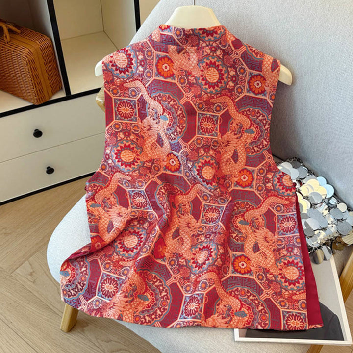 Buddha Stones Frog-Button Dragon Flower Bamboo Jacquard Design Women's Vest Waistcoat Shirt - image 2