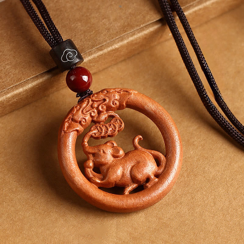 Buddha Stones Peach Wood  Chinese Zodiac Year Of The Horse  Ward Off Evil Spirits Necklace Pendants - Peach Wood-Rat - Brown Rope - image 13