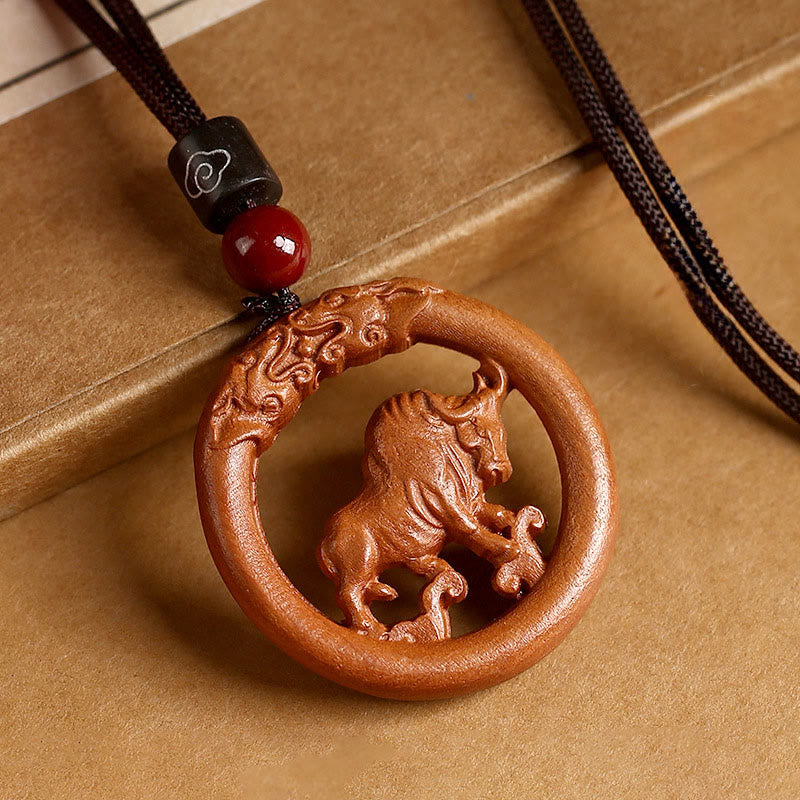 Buddha Stones Peach Wood  Chinese Zodiac Year Of The Horse  Ward Off Evil Spirits Necklace Pendants - Peach Wood-Ox - Brown Rope - image 10