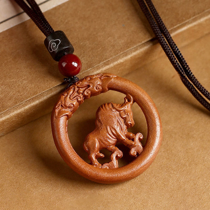 Buddha Stones Peach Wood  Chinese Zodiac Year Of The Horse  Ward Off Evil Spirits Necklace Pendants - Peach Wood-Ox - Brown Rope - image 16