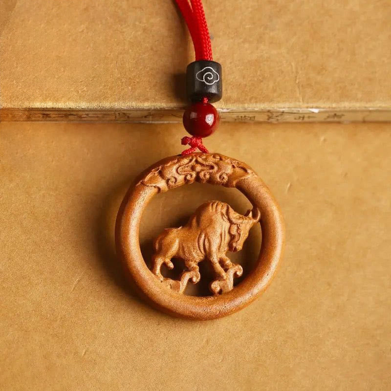 Buddha Stones Peach Wood  Chinese Zodiac Year Of The Horse  Ward Off Evil Spirits Necklace Pendants - Peach Wood-Ox - Red Rope - image 16
