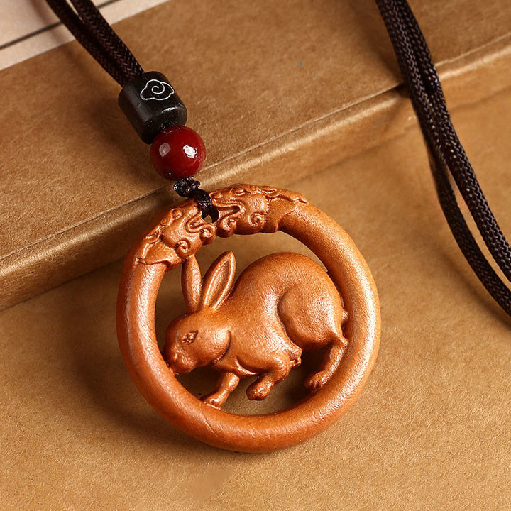 Buddha Stones Peach Wood  Chinese Zodiac Year Of The Horse  Ward Off Evil Spirits Necklace Pendants - Peach Wood-Rabbit - Brown Rope - image 14