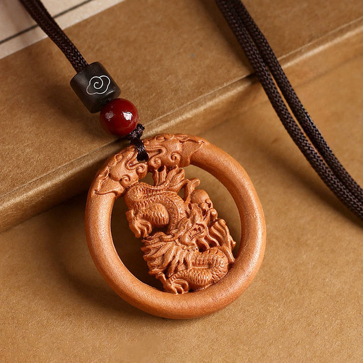 Buddha Stones Peach Wood  Chinese Zodiac Year Of The Horse  Ward Off Evil Spirits Necklace Pendants - Peach Wood-Dragon - Brown Rope - image 16