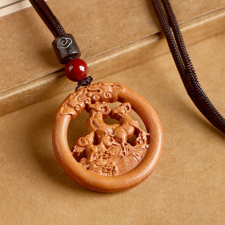 Buddha Stones Peach Wood  Chinese Zodiac Year Of The Horse  Ward Off Evil Spirits Necklace Pendants - Peach Wood-Goat - Brown Rope - image 25
