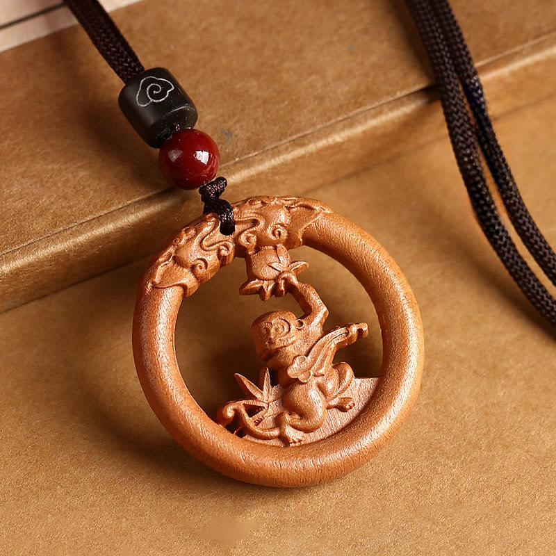 Buddha Stones Peach Wood  Chinese Zodiac Year Of The Horse  Ward Off Evil Spirits Necklace Pendants - Peach Wood-Monkey - Brown Rope - image 22