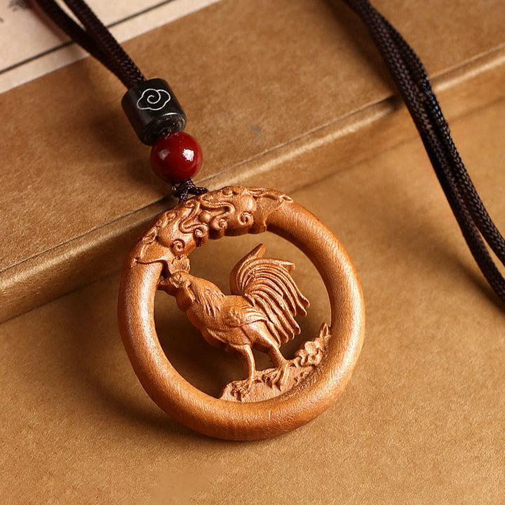 Buddha Stones Peach Wood  Chinese Zodiac Year Of The Horse  Ward Off Evil Spirits Necklace Pendants - Peach Wood-Rooster - Brown Rope - image 24