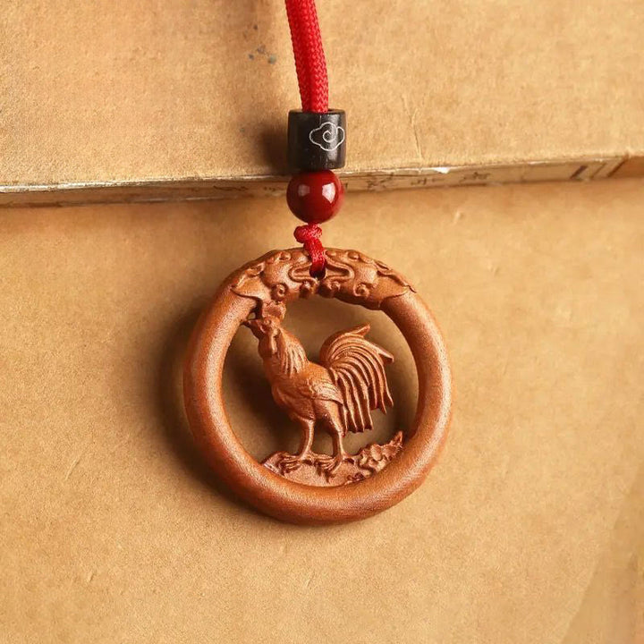 Buddha Stones Peach Wood  Chinese Zodiac Year Of The Horse  Ward Off Evil Spirits Necklace Pendants - Peach Wood-Rooster - Red Rope - image 30