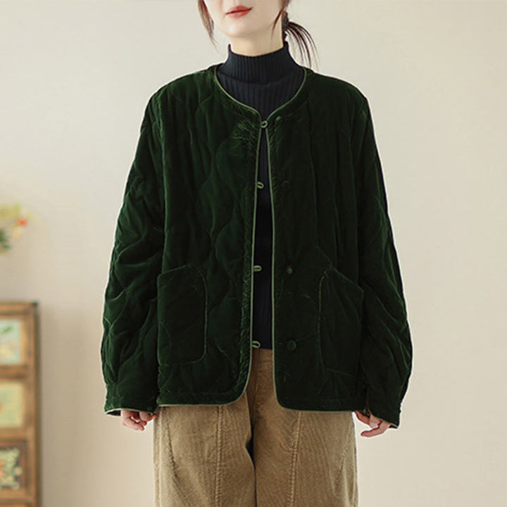 Buddha Stones Diamond Pattern Short Style Women's Long Sleeve Thickened Jacket With Pockets - image 1