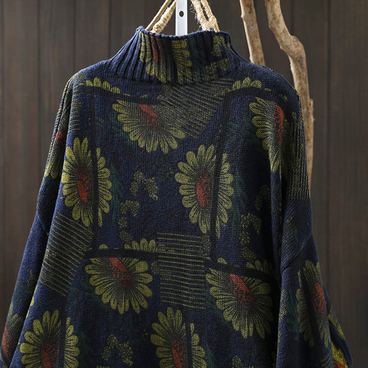 Buddha Stones Sunflower Pattern Mock Neck Long Sleeve Women's Cotton Sweater - image 5
