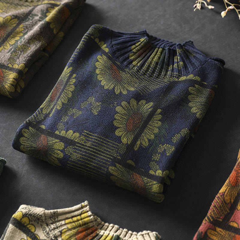 Buddha Stones Sunflower Pattern Mock Neck Long Sleeve Women's Cotton Sweater - image 6