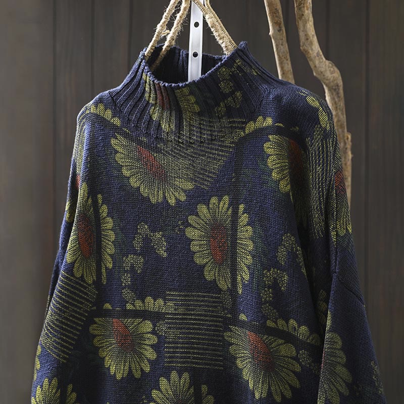 Buddha Stones Sunflower Pattern Mock Neck Long Sleeve Women's Cotton Sweater - image 4