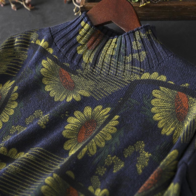 Buddha Stones Sunflower Pattern Mock Neck Long Sleeve Women's Cotton Sweater - image 7