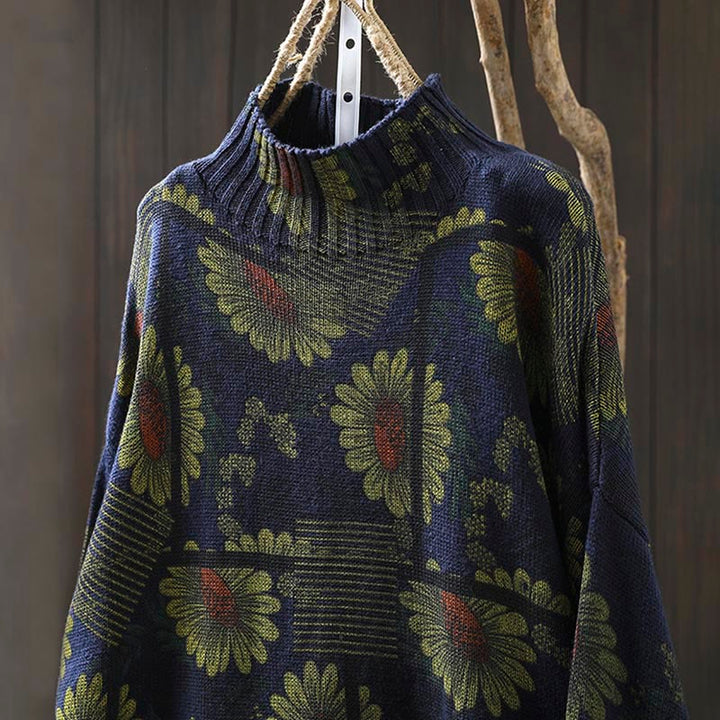 Buddha Stones Sunflower Pattern Mock Neck Long Sleeve Women's Cotton Sweater - image 4