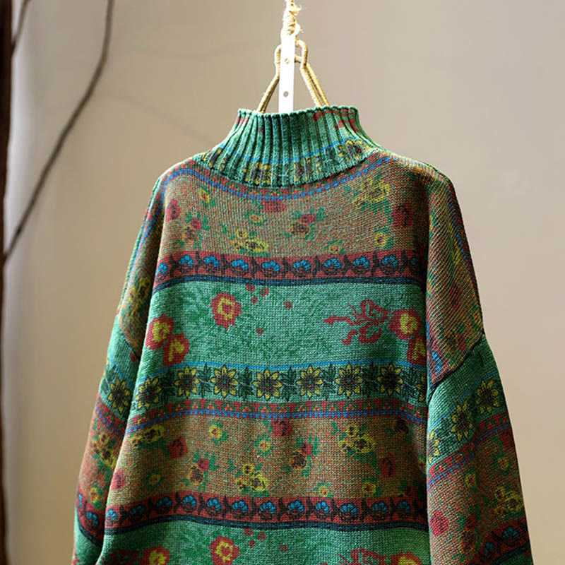 Buddha Stones Winter Color-block Flower Pattern Mock Neck Long Sleeve Women's Cotton Sweater - image 5