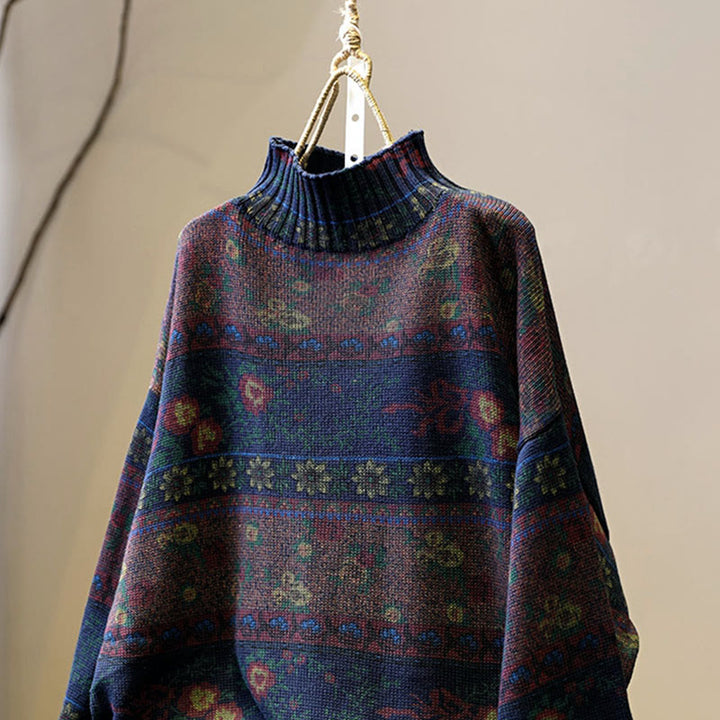 Buddha Stones Winter Color-block Flower Pattern Mock Neck Long Sleeve Women's Cotton Sweater - image 12