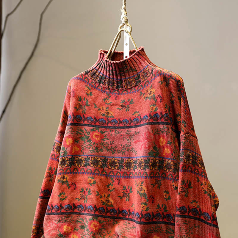 Buddha Stones Winter Color-block Flower Pattern Mock Neck Long Sleeve Women's Cotton Sweater - image 14