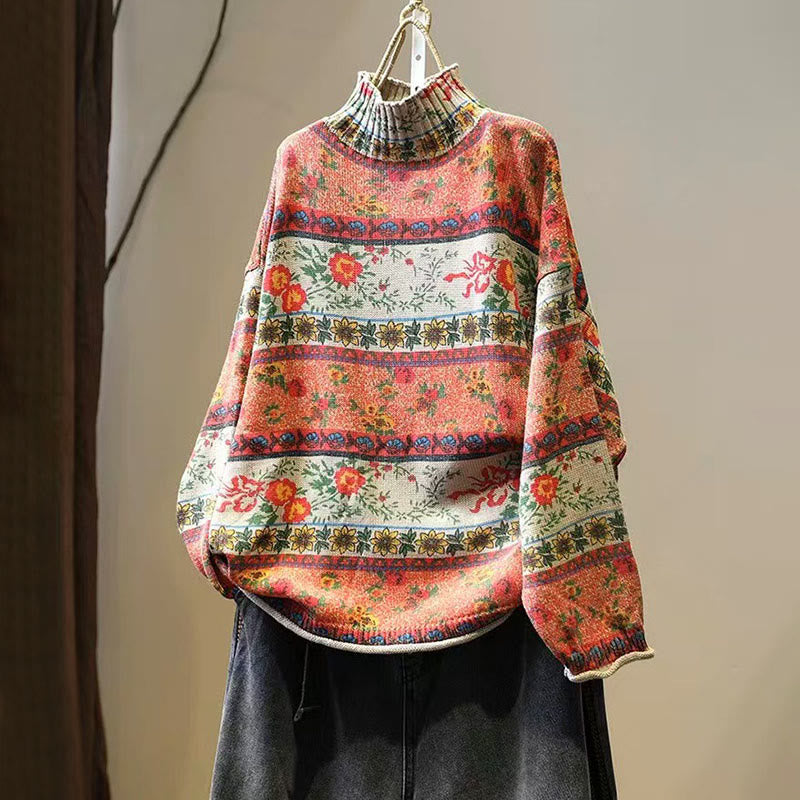 Buddha Stones Winter Color-block Flower Pattern Mock Neck Long Sleeve Women's Cotton Sweater - Coral - US4-6，UK/AU8-10，EU36-38 (F) - image 0