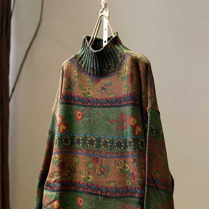 Buddha Stones Winter Color-block Flower Pattern Mock Neck Long Sleeve Women's Cotton Sweater - image 16