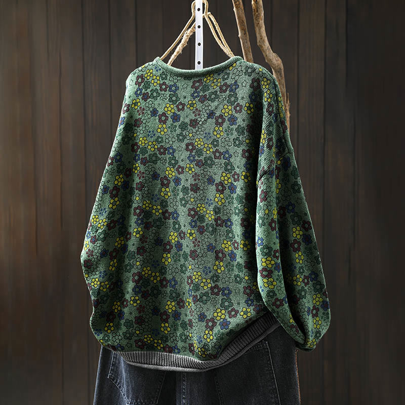 Buddha Stones Knitted Colorful Flowers Pattern Women's Cotton Long Sleeve Sweater With Pockets - image 3