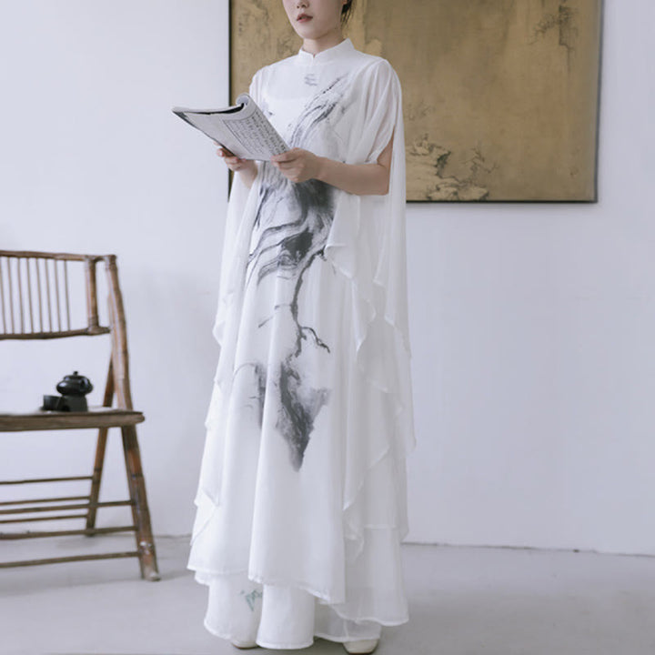 Buddha Stones White Ink Print Design Short Sleeve Women's Meditation Midi Dress Pants Zen Clothing - image 7