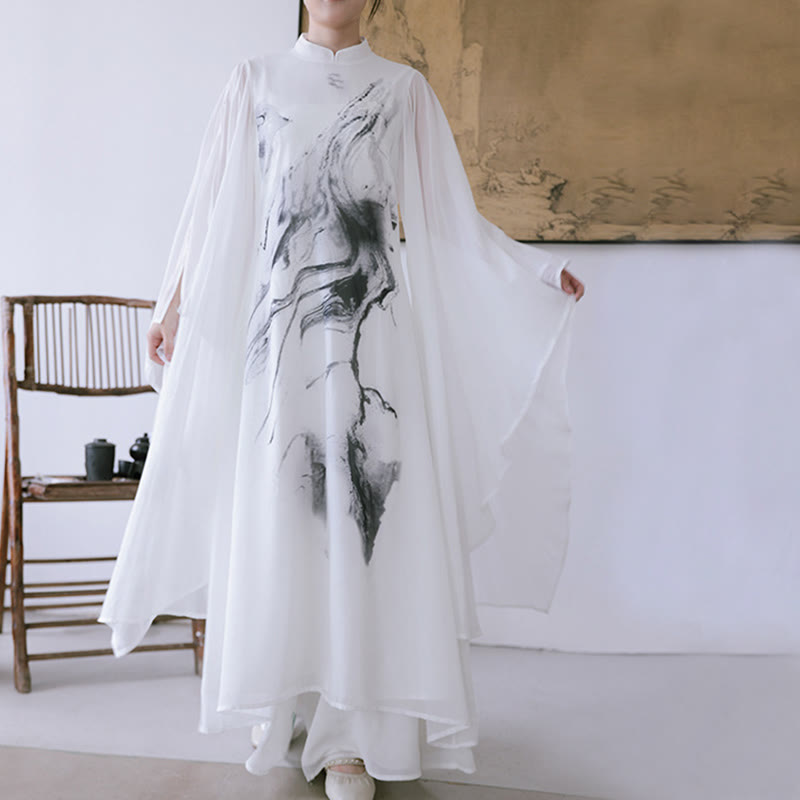 Buddha Stones White Ink Print Design Short Sleeve Women's Meditation Midi Dress Pants Zen Clothing - image 4