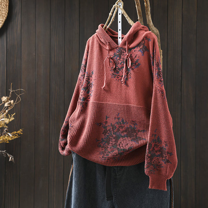 Buddha Stones Women's Knitted Floral Cotton Long Sleeve Hooded Sweater - Tomato - US4-6，UK/AU8-10，EU36-38 (F) - image 2