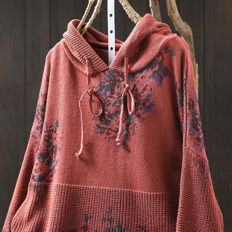 Buddha Stones Women's Knitted Floral Cotton Long Sleeve Hooded Sweater - image 6