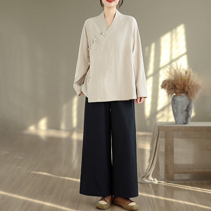 Buddha Stones 2Pcs V-Neck Long Sleeve Shirt Wide Leg Pants Zen Meditation Women's Set - image 3